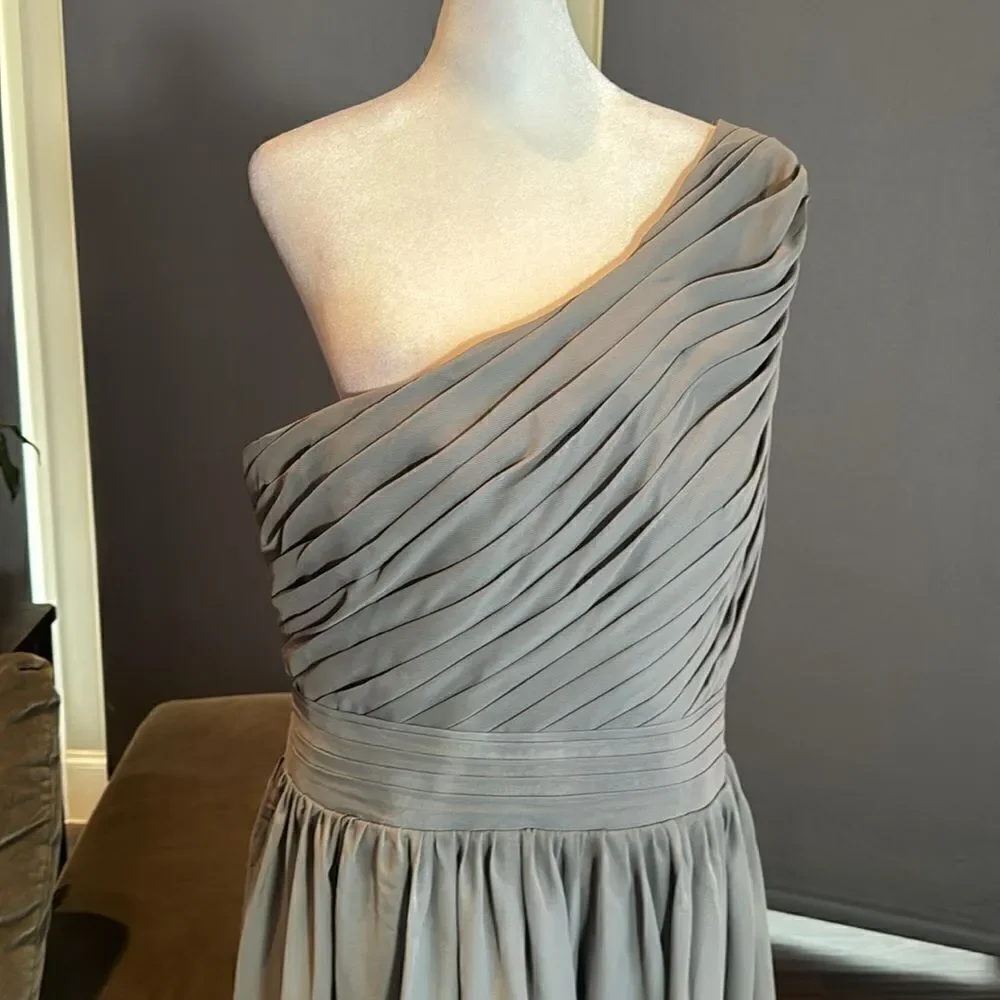 Women’s Gray Short One Shoulder Pleated Chiffon Formal Party Dress Size 12 *READ